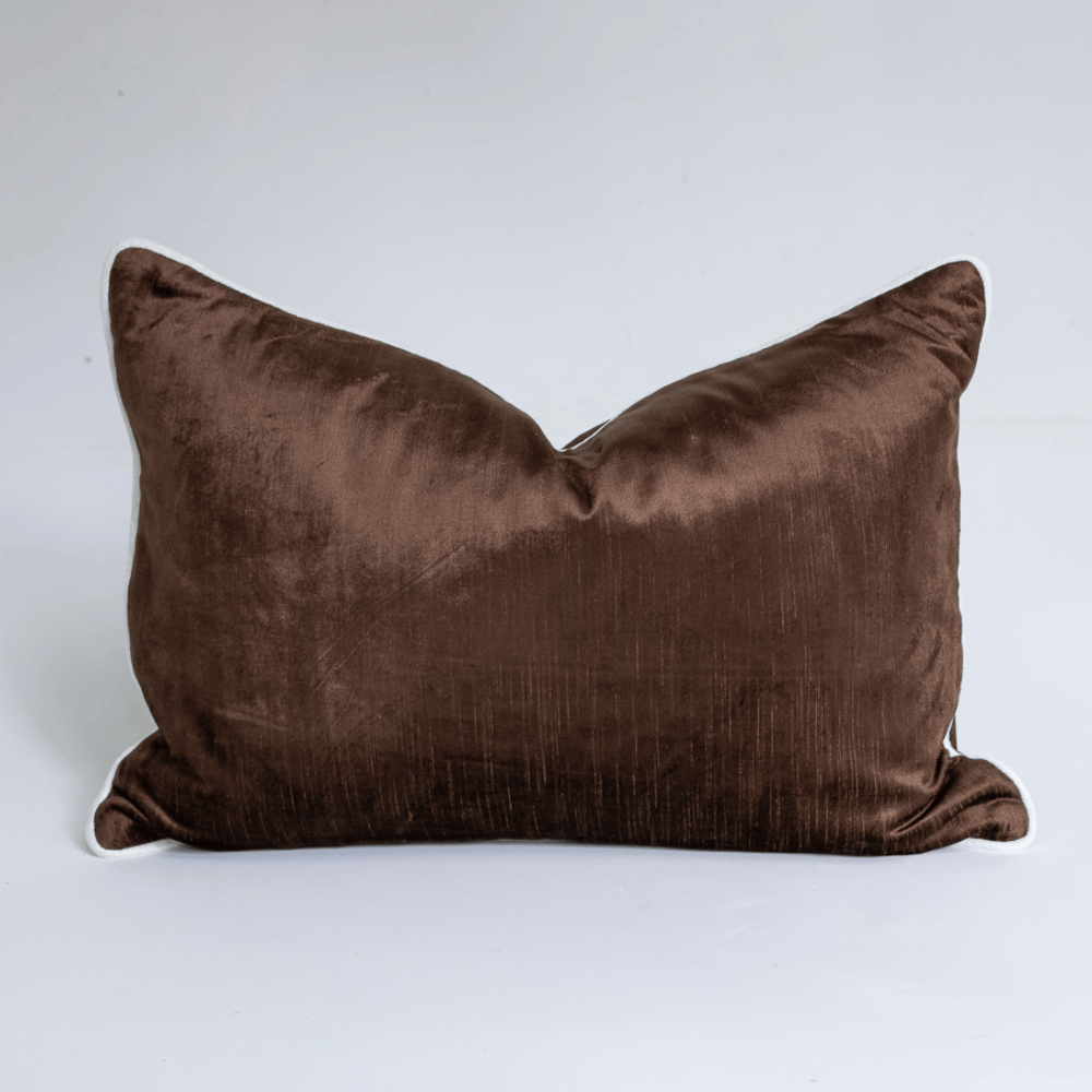 BHD HOME Lumbar Cushion Velvet Chocolate & White Piped Handmade Velvet Lumbar Cushion 40 x 60cm