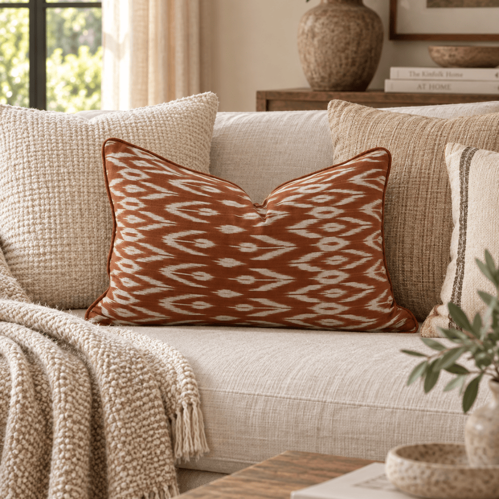 BHD HOME Lumber Cushion Ikat Samarkand Rust Handwoven Ikat Lumbar Cushion Cover 40 x 60cm