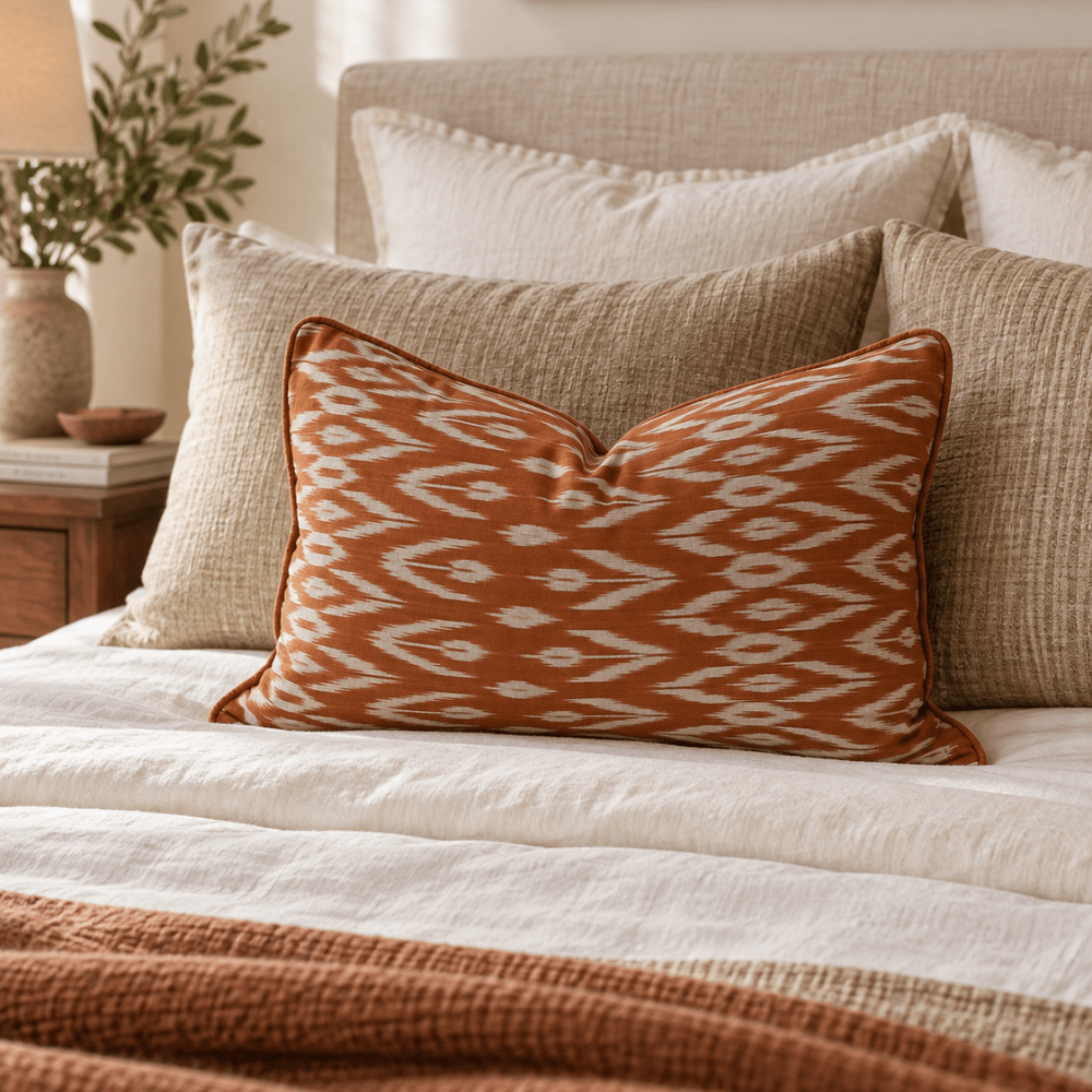 BHD HOME Lumber Cushion Ikat Samarkand Rust Handwoven Ikat Lumbar Cushion Cover 40 x 60cm