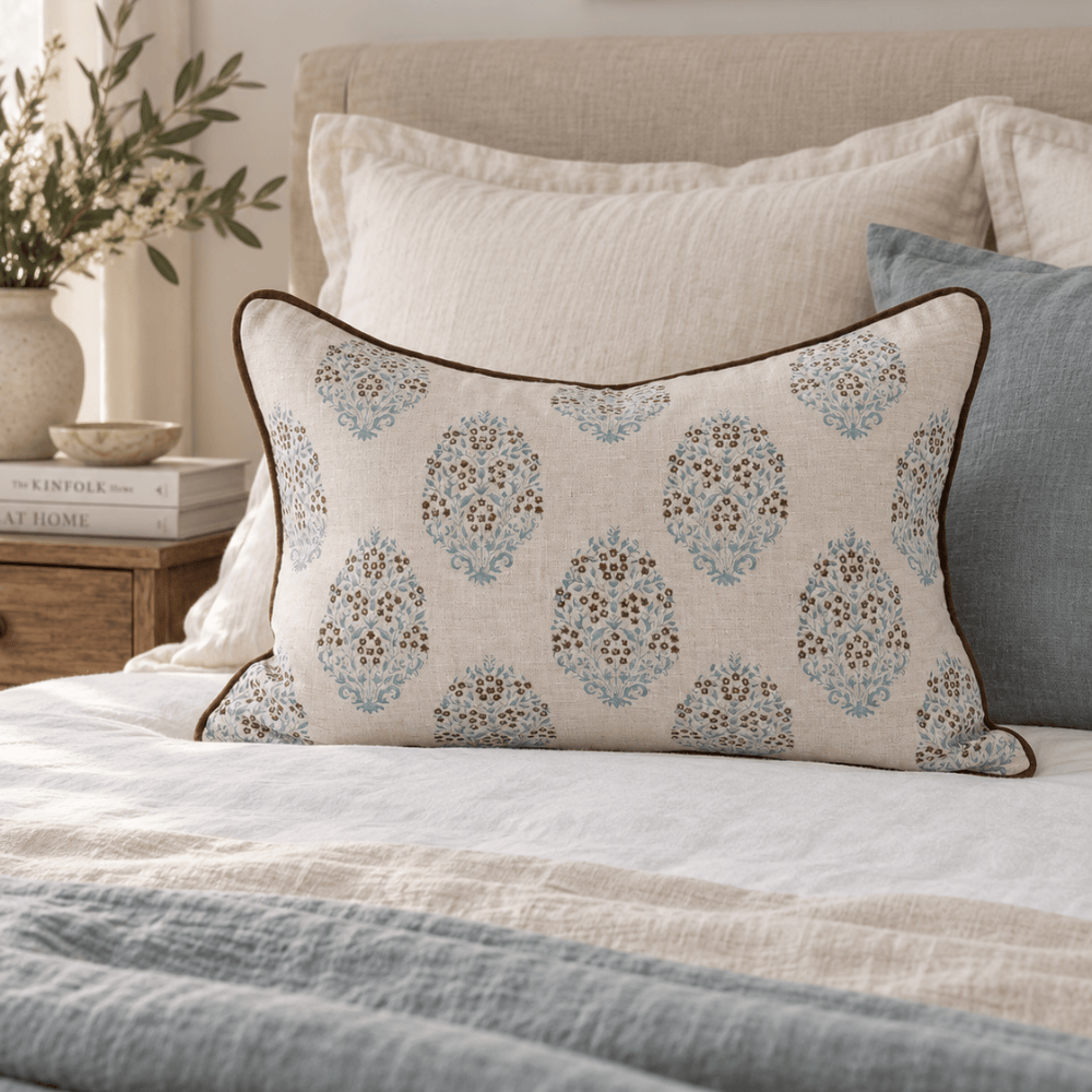 BHD HOME Lumber Cushion Jaipur Sky Hand Block Printed Linen Lumbar Cushion Cover 40 x 60cm