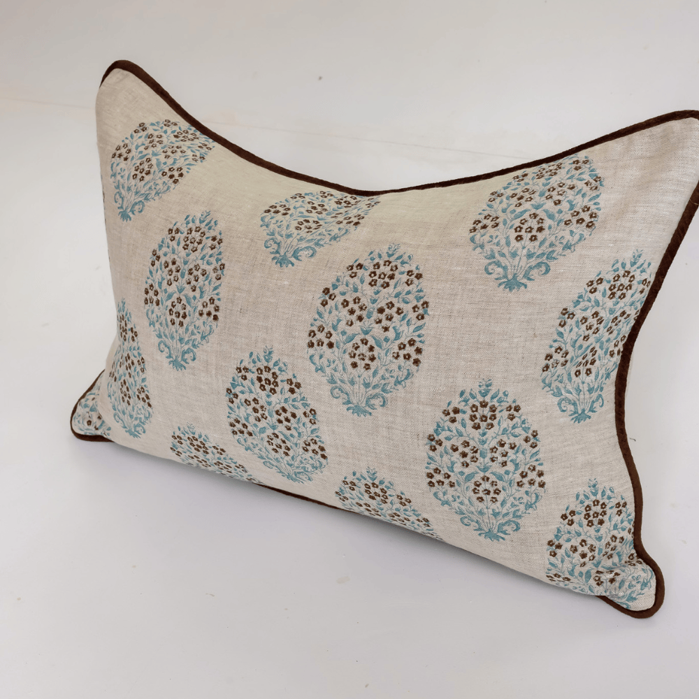 BHD HOME Lumber Cushion Jaipur Sky Hand Block Printed Linen Lumbar Cushion Cover 40 x 60cm