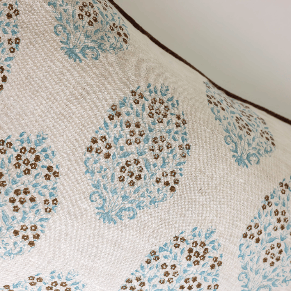BHD HOME Lumber Cushion Jaipur Sky Hand Block Printed Linen Lumbar Cushion Cover 40 x 60cm