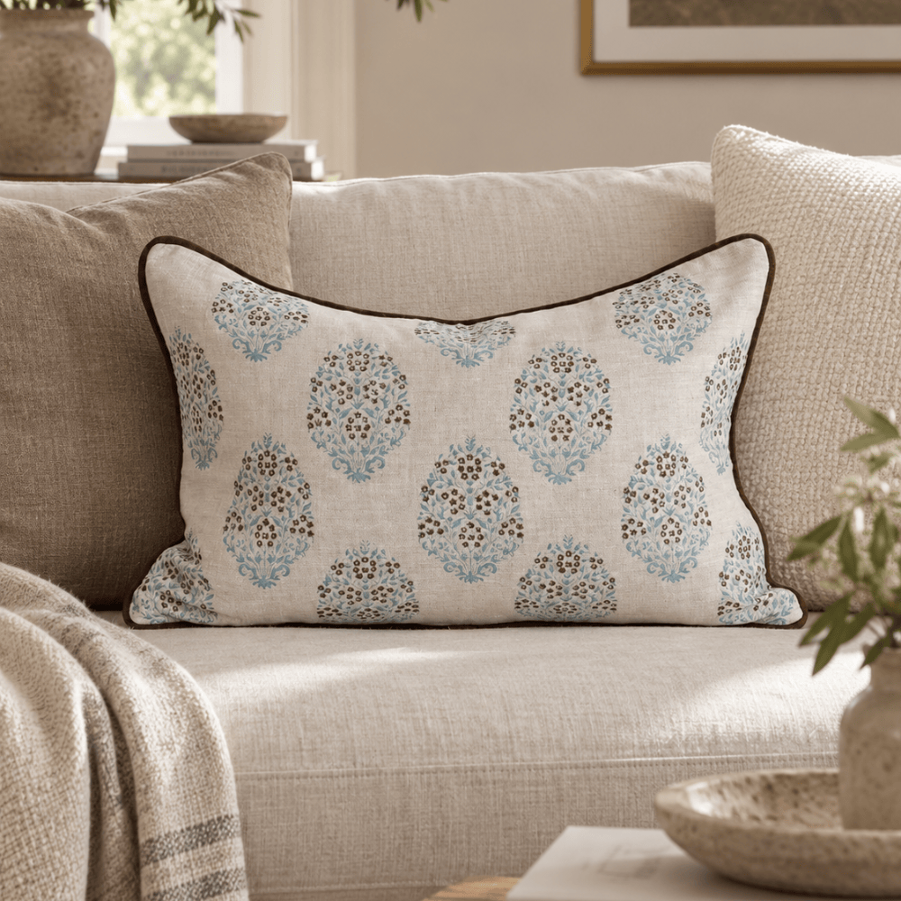 BHD HOME Lumber Cushion Jaipur Sky Hand Block Printed Linen Lumbar Cushion Cover 40 x 60cm