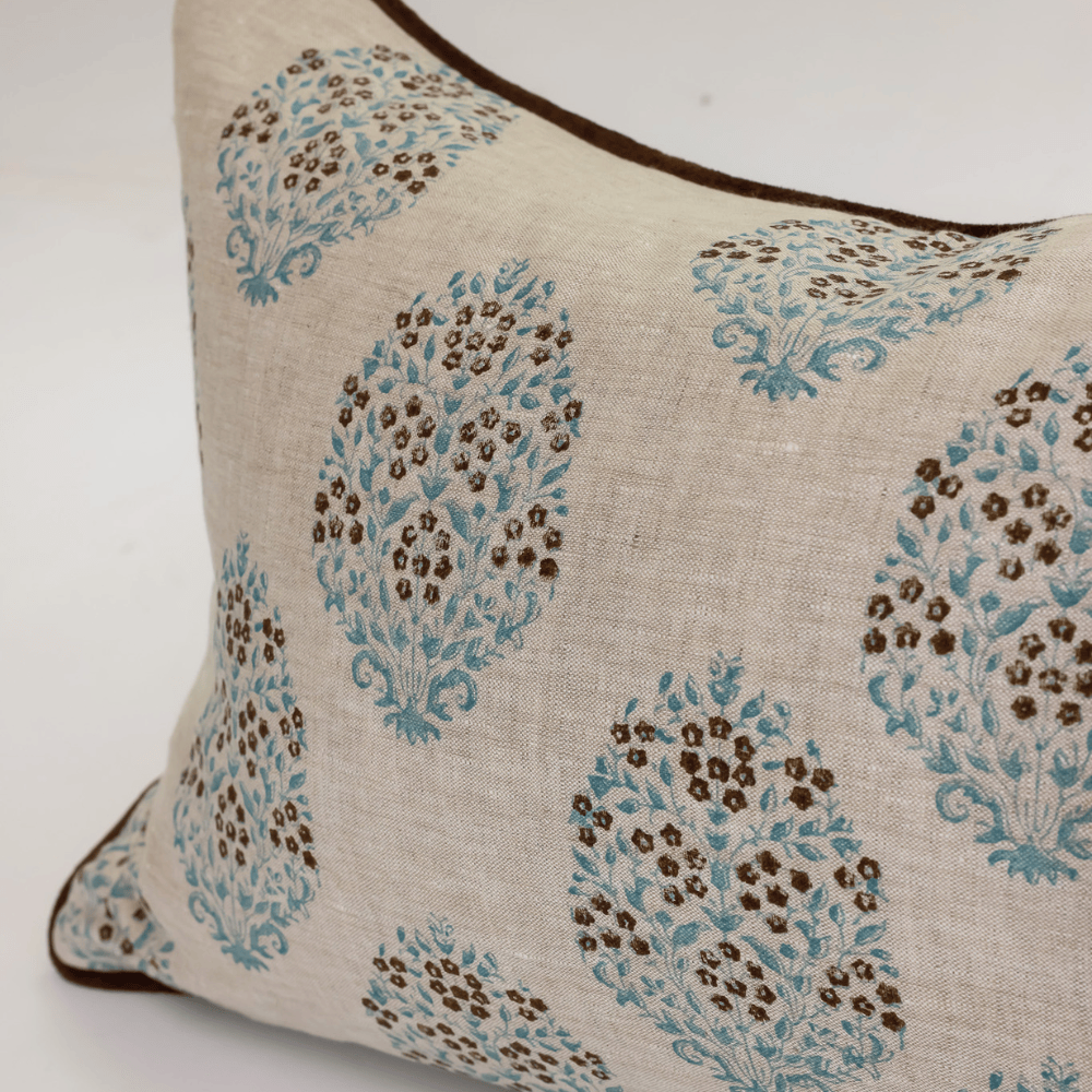 BHD HOME Lumber Cushion Jaipur Sky Hand Block Printed Linen Lumbar Cushion Cover 40 x 60cm