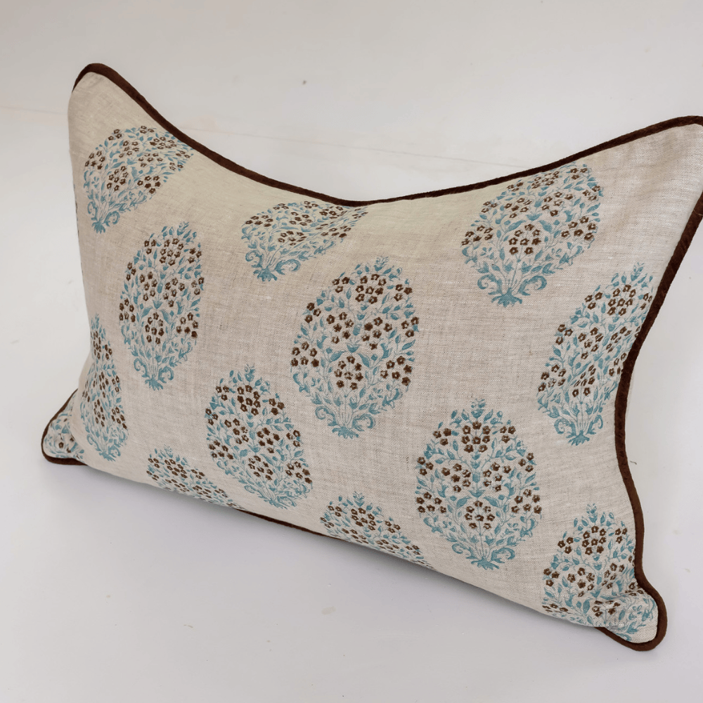 BHD HOME Lumber Cushion Jaipur Sky Hand Block Printed Linen Lumbar Cushion Cover 40 x 60cm
