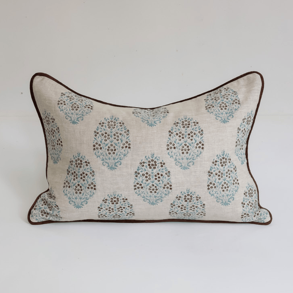 BHD HOME Lumber Cushion Jaipur Sky Hand Block Printed Linen Lumbar Cushion Cover 40 x 60cm