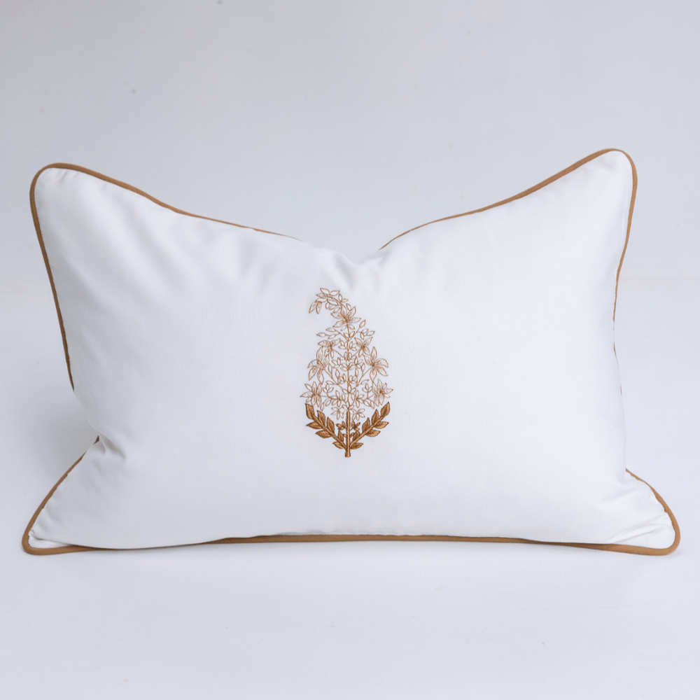 BHD HOME Outdoor Cushion Outdoor Paisley Embroidery White & Beige Piped Lumbar Cushion 40 x 60cm – UV Resistant