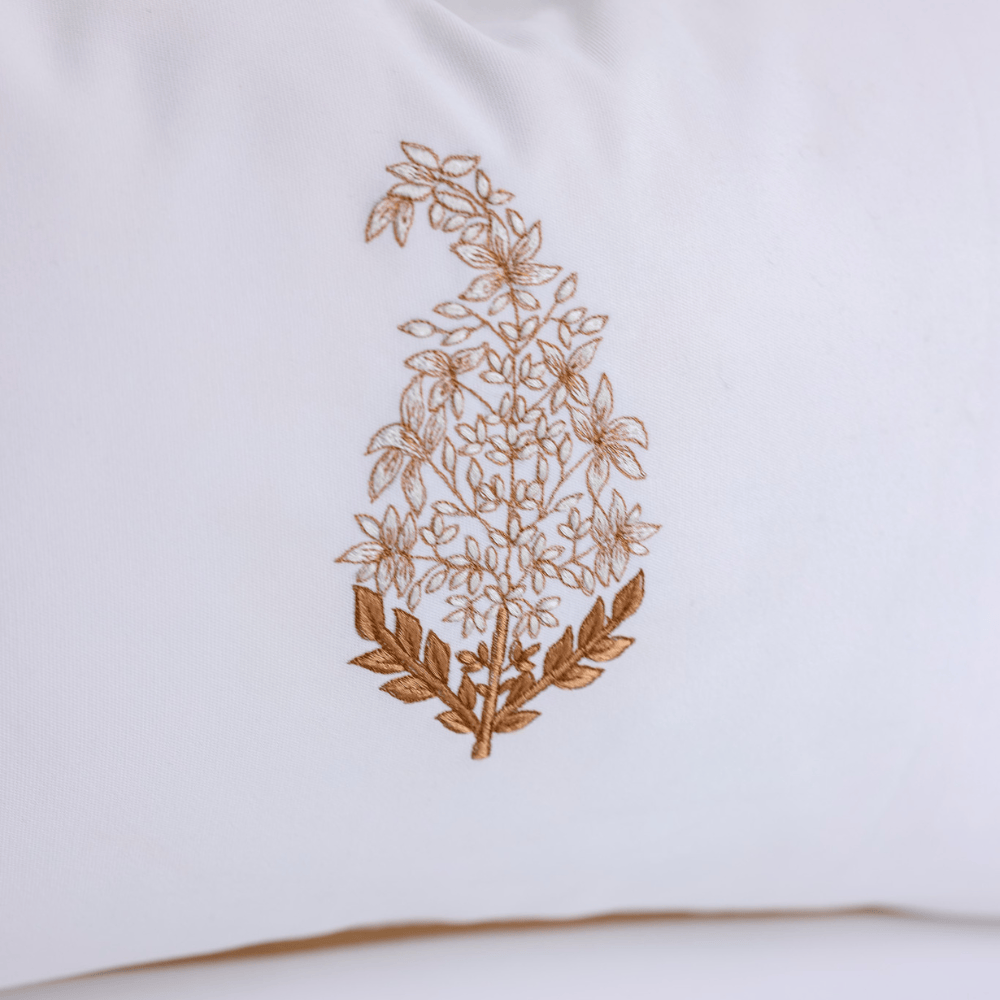 BHD HOME Outdoor Cushion Outdoor Paisley Embroidery White & Beige Piped Lumbar Cushion 40 x 60cm – UV Resistant