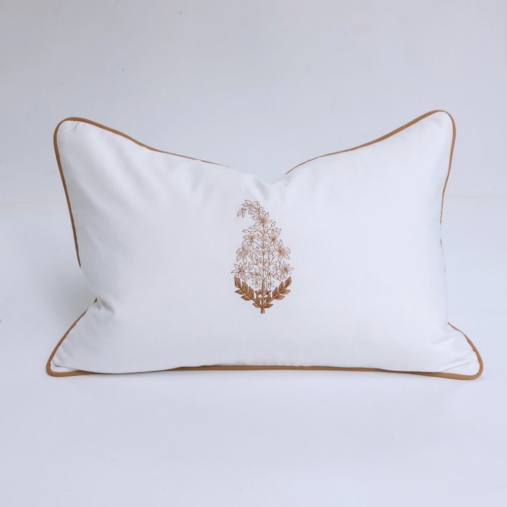 BHD HOME Outdoor Cushion Outdoor Paisley Embroidery White & Beige Piped Lumbar Cushion 40 x 60cm – UV Resistant