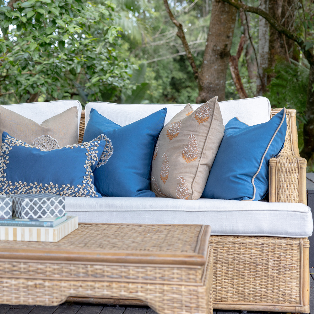 BHD HOME Outdoor Cushion Outdoor Piped Blue & Beige Lounge Cushion – UV Resistant