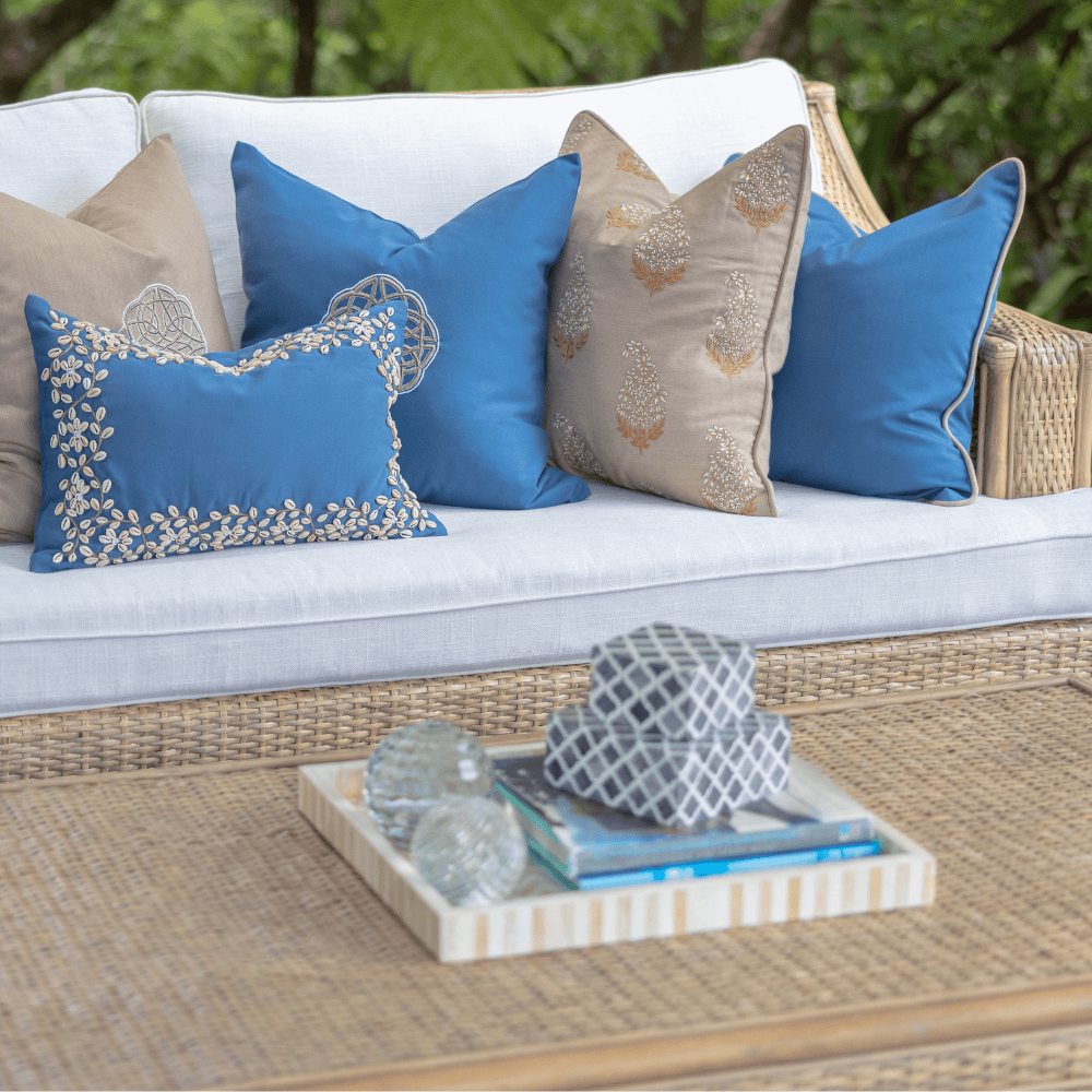 BHD HOME Outdoor Cushion Outdoor Piped Blue & Beige Lounge Cushion – UV Resistant