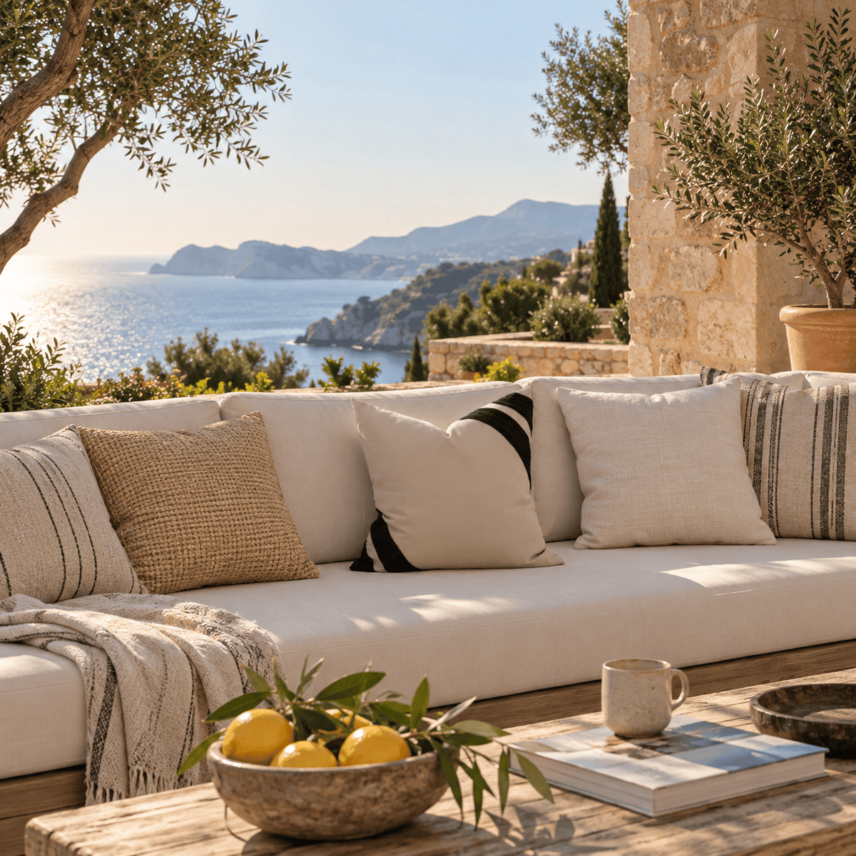 BHD HOME Outdoor Cushion Outdoor Raffia Corner Stripe Beige & Black Lounge Cushion – UV Resistant