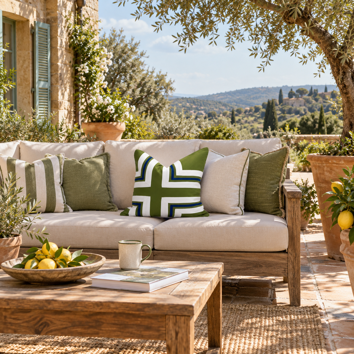 BHD HOME Outdoor Green and Navy Outdoor Nautical Regent Cross Green & Navy Lounge Cushion – UV Resistant