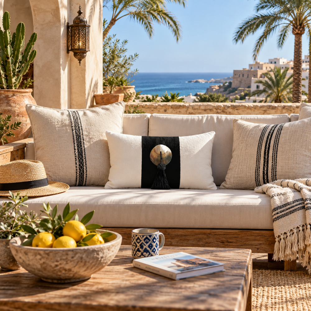BHD HOME Outdoor Outdoor Tassel Black Handmade Shell Embellished Outdoor Lumbar Cushion