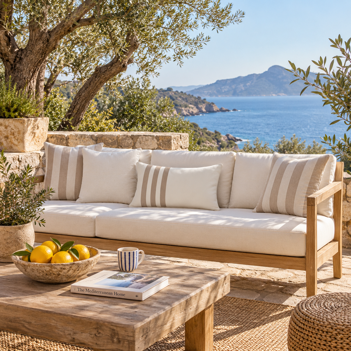 BHD HOME Outdoor White & Natural Outdoor Nautical Regent Stripe White & Natural Lumbar Cushion – UV Resistant