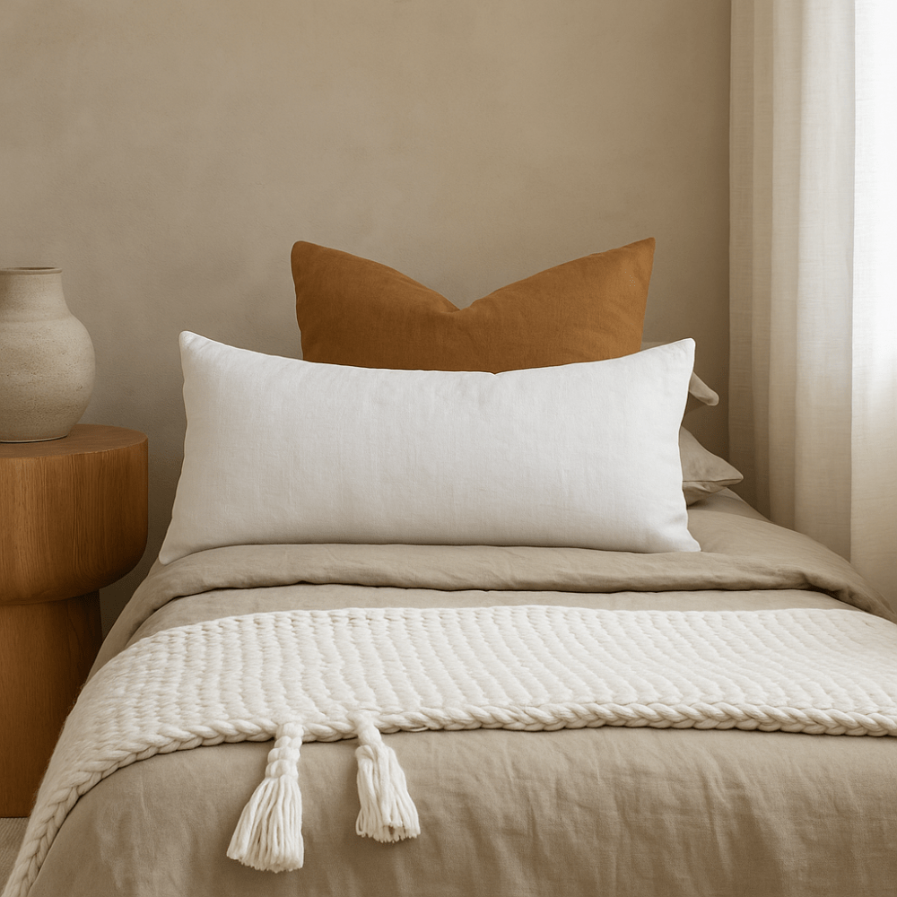 Linen Plain White Long Lumbar Cushion 35 x 90cm