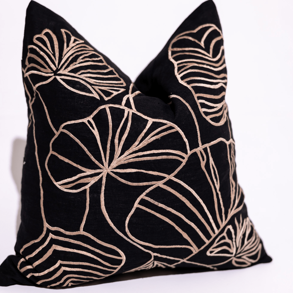 BHD HOME Weave Clearance Black and Tan Leaf Embroidery 55 x 55cm