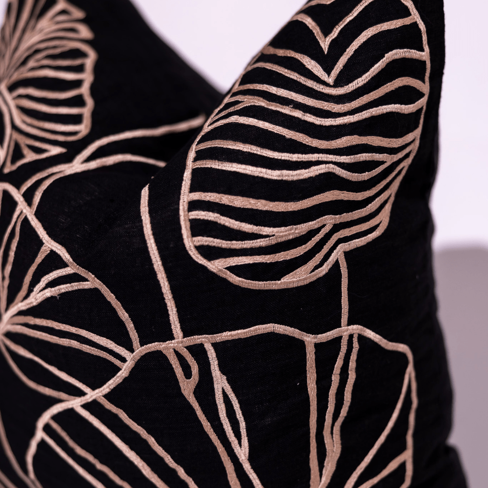 BHD HOME Weave Clearance Black and Tan Leaf Embroidery 55 x 55cm