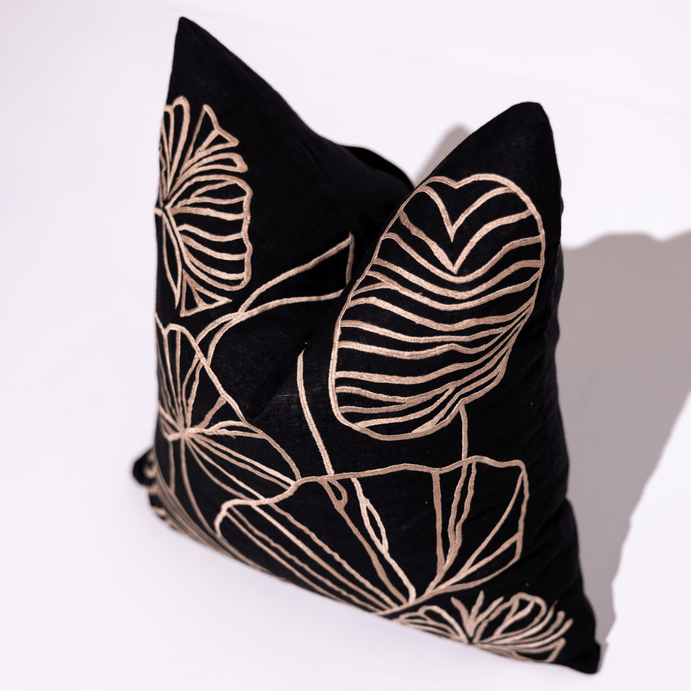 BHD HOME Weave Clearance Black and Tan Leaf Embroidery 55 x 55cm