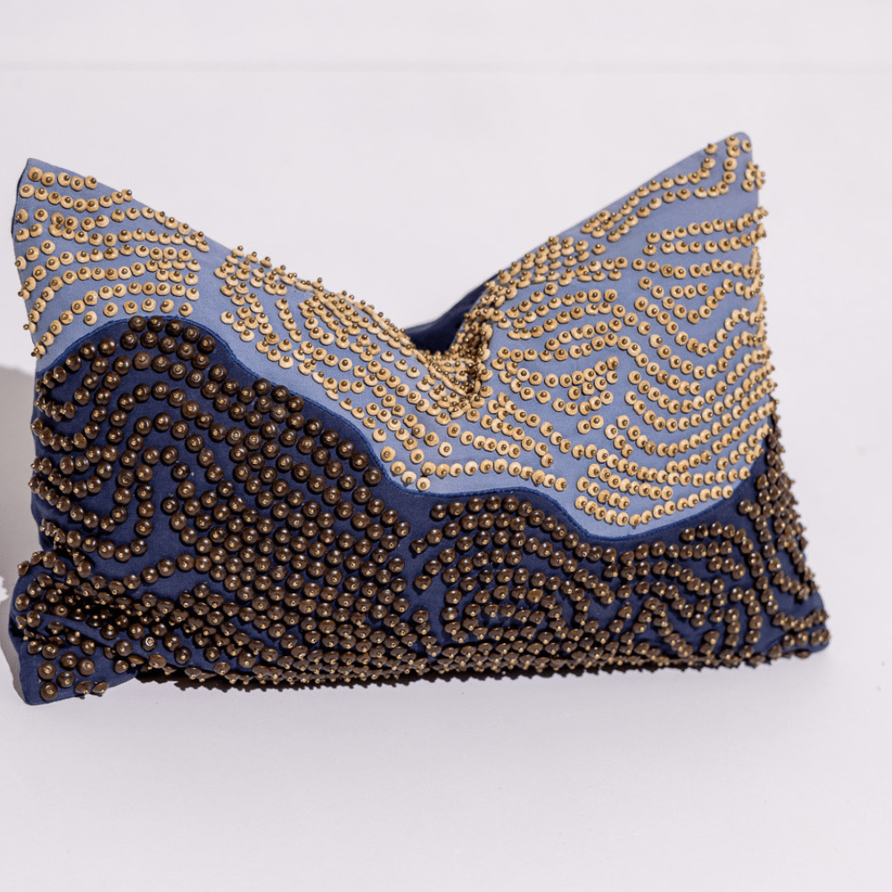 BHD HOME Weave Clearance Hand Beaded Natural and Navy Lumber 35 x 55cm