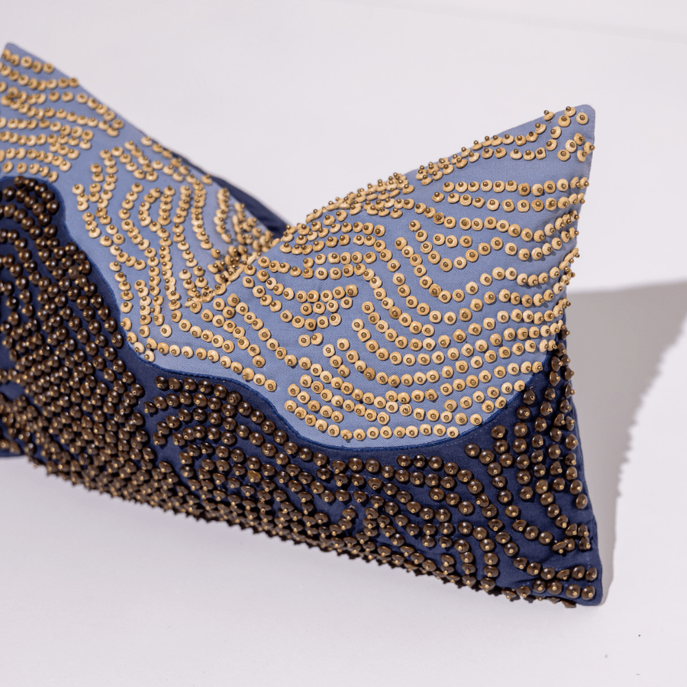 BHD HOME Weave Clearance Hand Beaded Natural and Navy Lumber 35 x 55cm