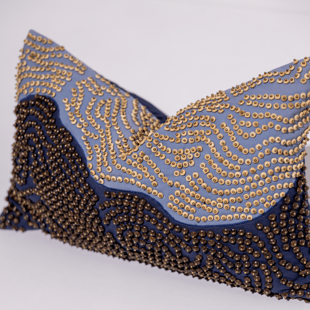 BHD HOME Weave Clearance Hand Beaded Natural and Navy Lumber 35 x 55cm