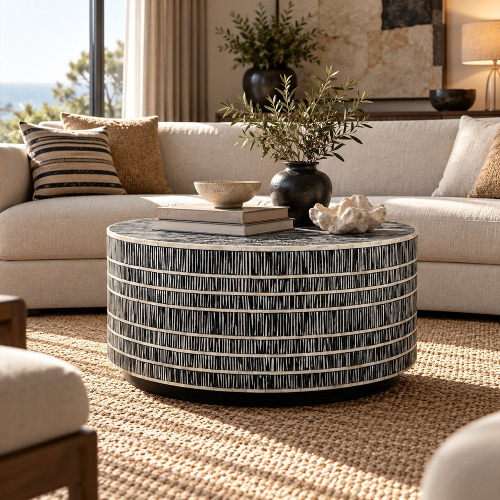 Tantra Furniture Tribal Drum Bone Inlay Coffee Table