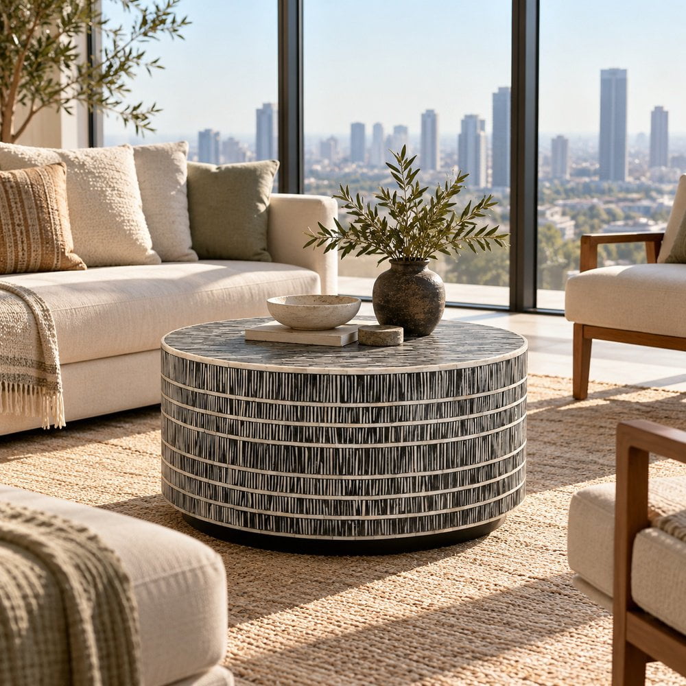 Tantra Furniture Tribal Drum Bone Inlay Coffee Table
