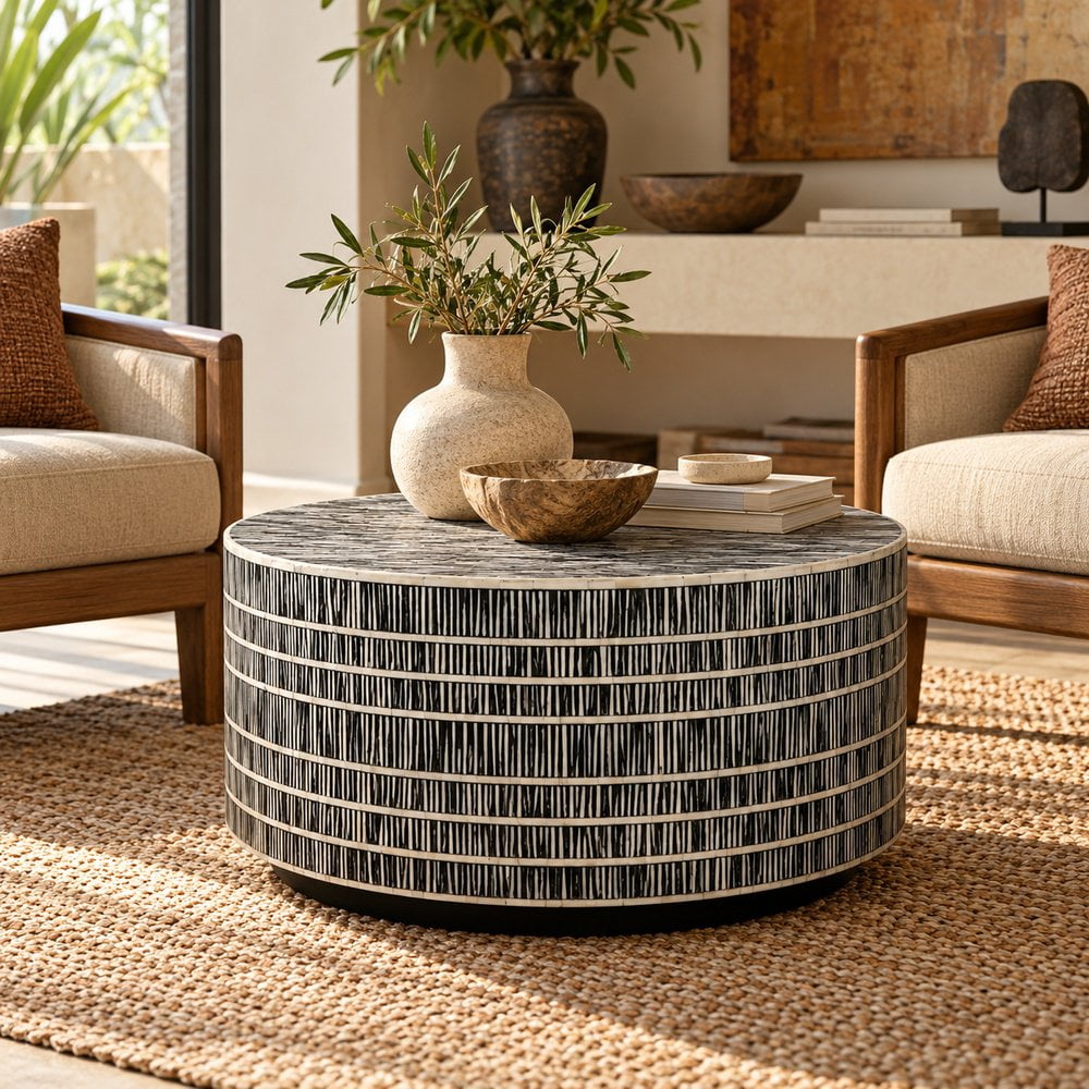Tantra Furniture Tribal Drum Bone Inlay Coffee Table