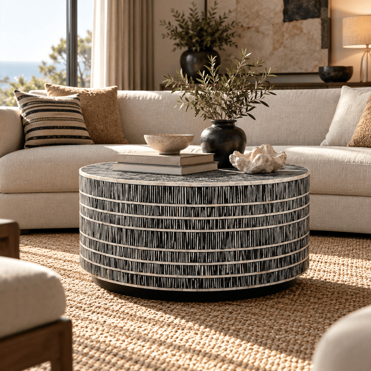 Tantra Furniture Tribal Drum Bone Inlay Coffee Table