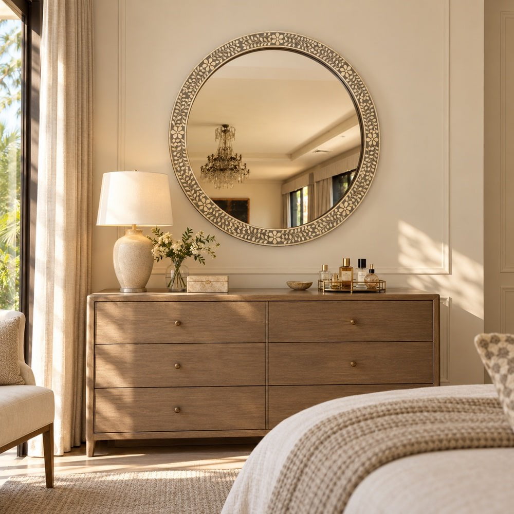 Tantra Mirror Gabrielle Round Floral Bone Mirror
