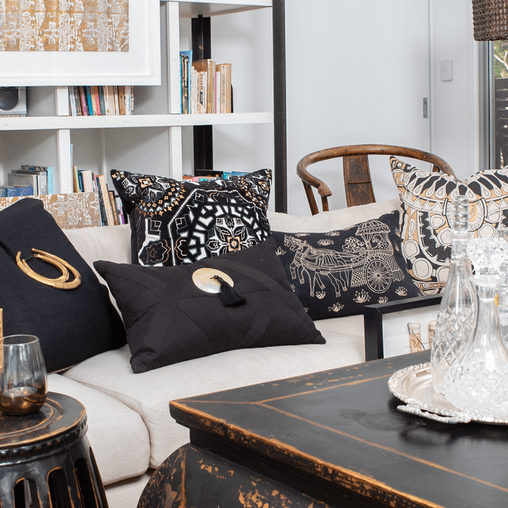 Bandhini Homewear Design Lumber Cushion Black / 14 x 21 inches Shell Tassel White Cross Patch Black Lumber Cushion 35 x 53cm
